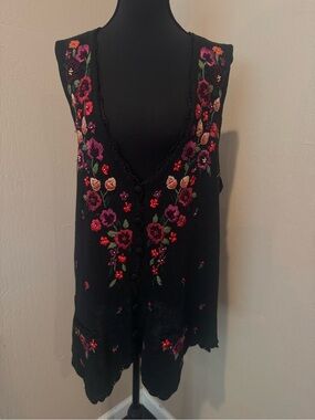 Erika Black knit Vest with Embroidered Pink, Red & Green Flowers